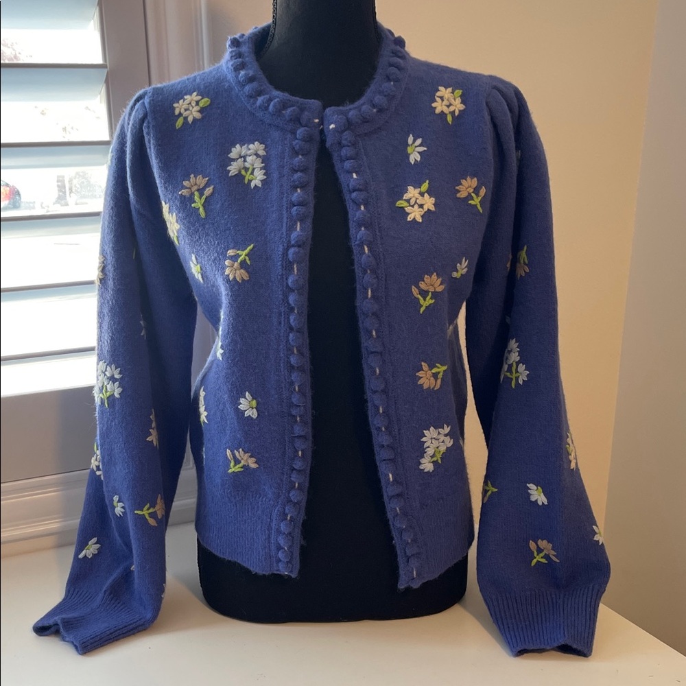 Aaron& Amber Floral Embroidered Blue Sweater